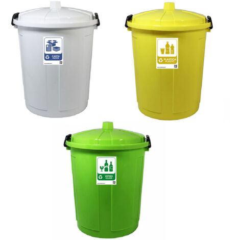 3 bidoni contenitori raccolta differenziata etichetta carta plastica vetro 21 LT coperchio con chiusura antiodori e randagismo per casa cucina giardino locali commerciali