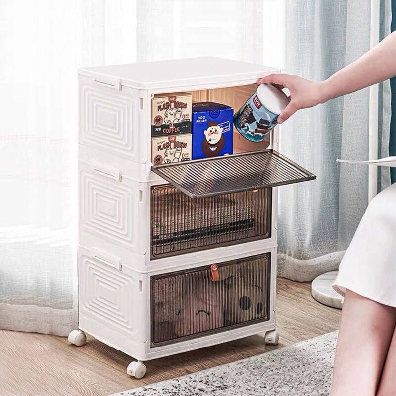 Aqrau - 3 Boites Organisateur de Rangement, Boîte Rangement Plastique, avec couvercle et 4 roulettes Empilable, pour Vêtement, Livres, Jouets, Caisse