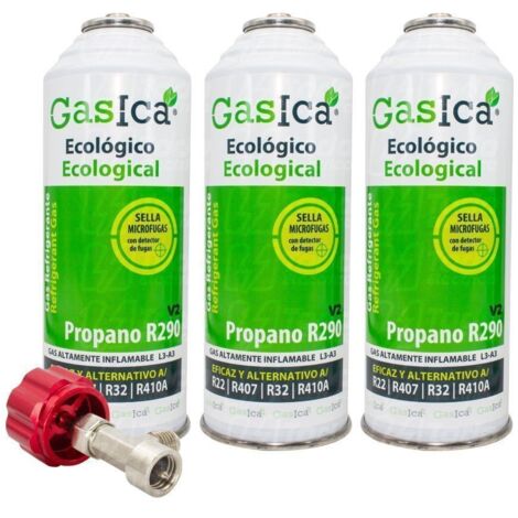 3 Bombonas Gasica V2 Gas Refrigerante Ecológico Orgánico sustituto Gas R32 y R410A para Recarga más Llave de paso 1/2-1/4