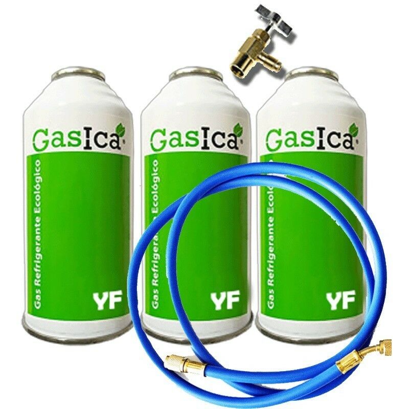 

Reporshop - 3 Botellas Gas Ecologico Gasica YF 171gr + Valvula + Manguera Sustituto R1234YF Freeze Organico