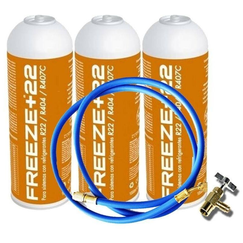 

Reporshop - 3 Botellas Gas Ecologico Refrigerante Freeze +22 400Gr + Valvula + Manguera Organico Sustituto R22, R404, R407C