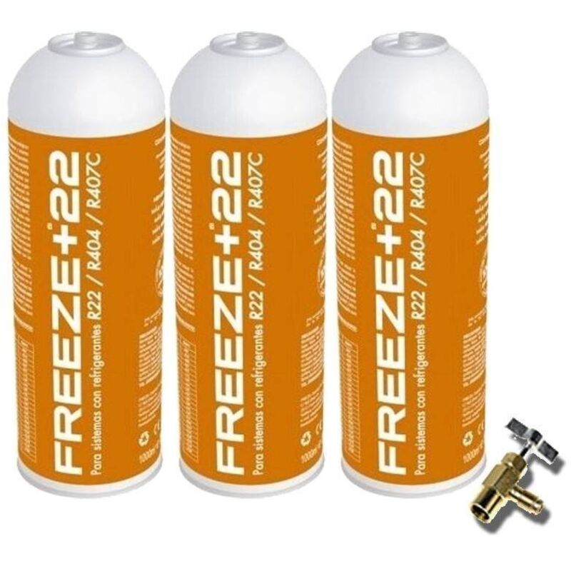 

Reporshop - 3 Botellas Gas Ecologico Refrigerante Freeze +22 400Gr + Valvula Organico Sustituto R22, R404, R407C