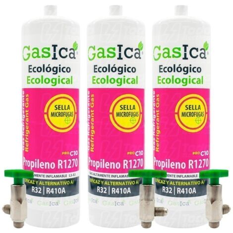 3 Botellas Gas refrigerante gasica C10 compatible con R32 R410A válvula incluida