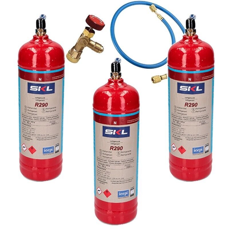 

Reporshop - 3 Botellas Gas Refrigerante R290 + Manguera + Valvula 370Gr Propano