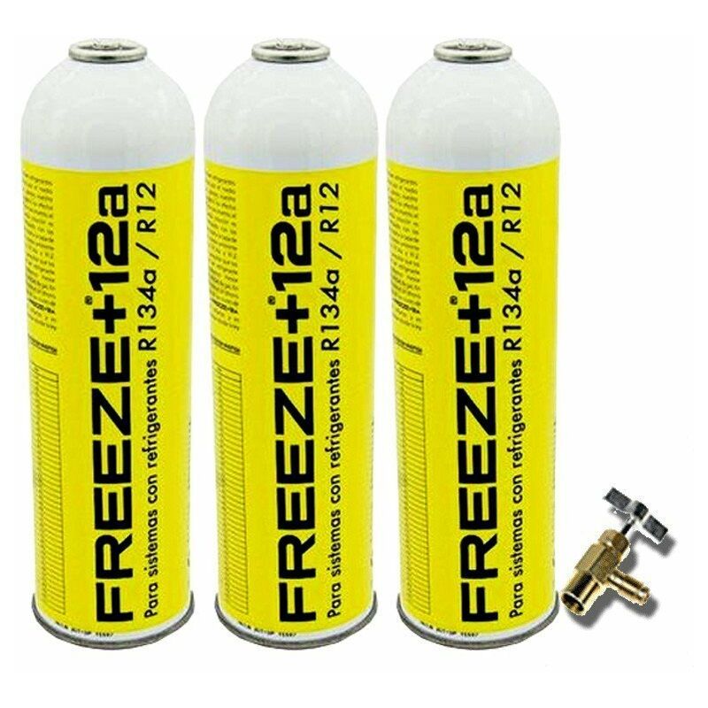 Image of 3 Botellas Gas Ecologico Refrigerante Freeze +12a 420Gr + Valvula Organico Sustituto R12, R134A