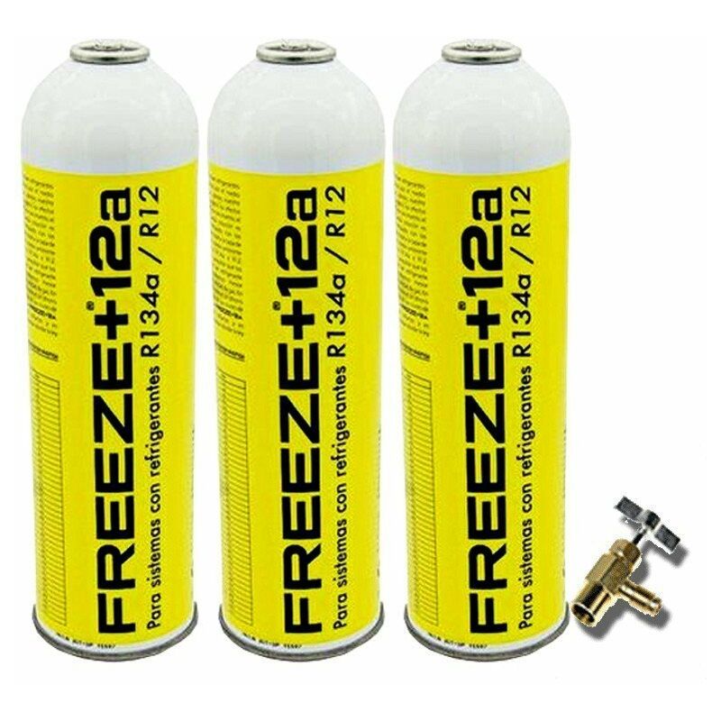 3 Botellas Gas Ecologico Refrigerante Freeze +12a 420Gr + Valvula Organico Sustituto R12, R134A