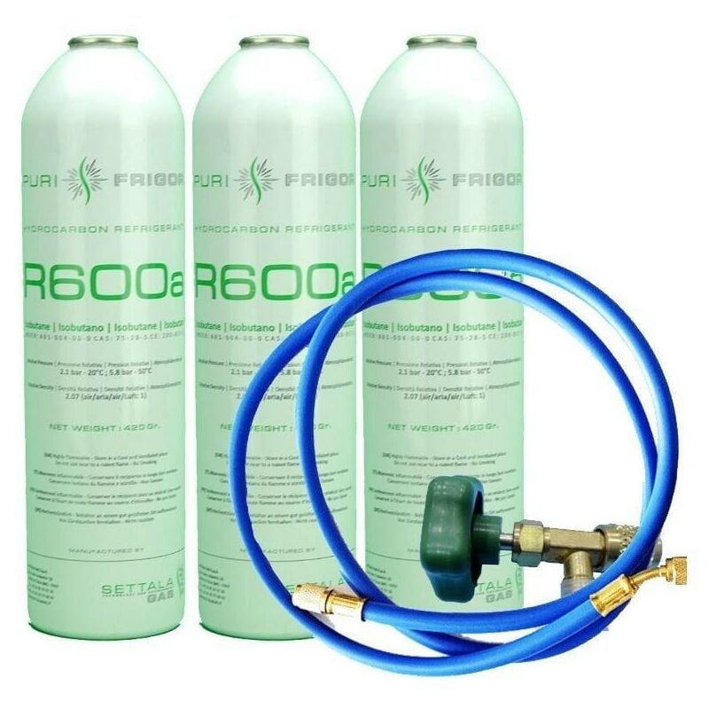 3 bouteilles de gaz réfrigérant R600 + tuyau + vanne isobutane 420gr