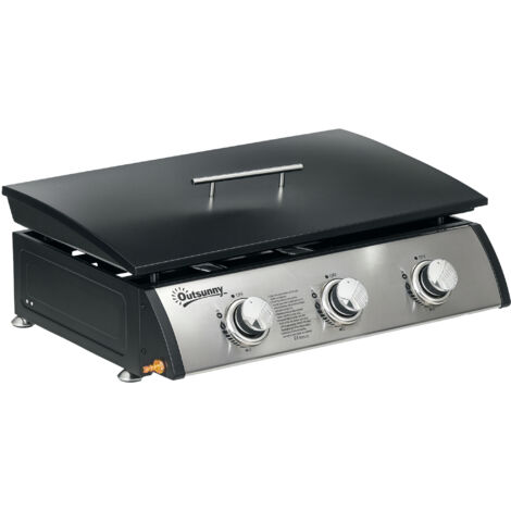 3 Burner Gas Plancha BBQ Grill with Lid, Black