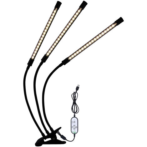 3 cabezales LED Grow Light Full Spectrum White Light 4/8/12H Timer 5 Bright Leves Clip Plant Grow Light para plantas de interior Plántulas Sunlike Cuello de cisne ajustable Lámparas de cultivo USB