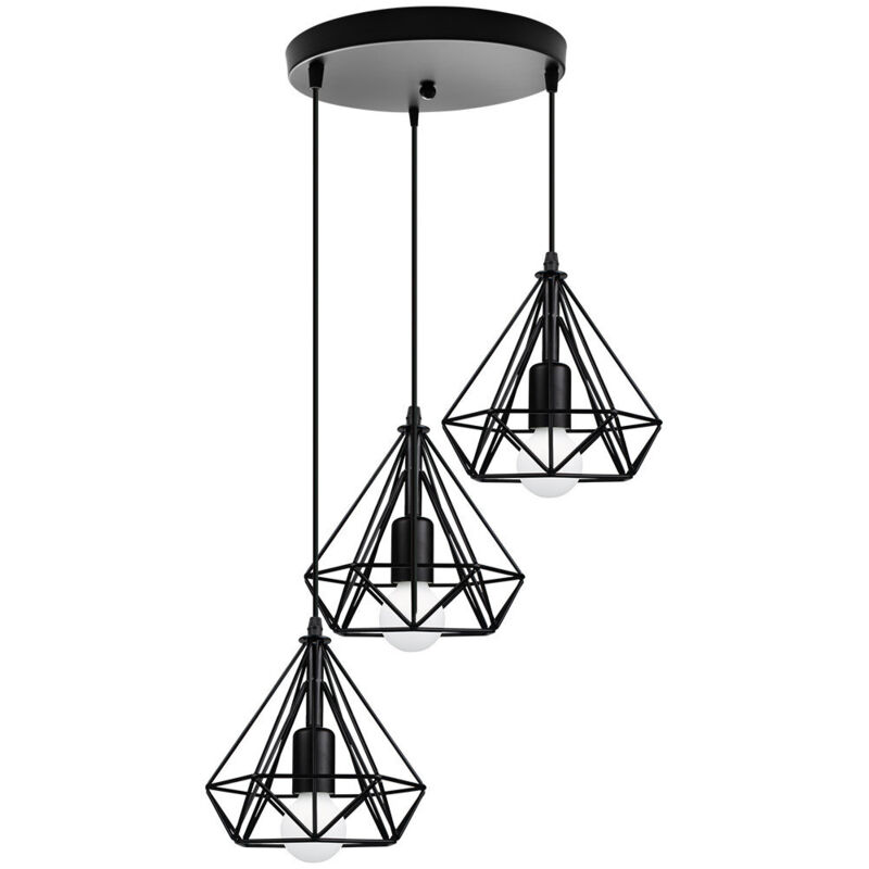 3 Luces Metal Vintage Lámpara de Suspensión E27 Hierro Lámpara Colgante Jaula Diamantes, Negro