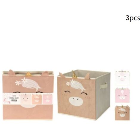 3 cajas de almacenamiento plegables de unicornio con orejas y asas 3D, 32 × 32 × 30 cm
