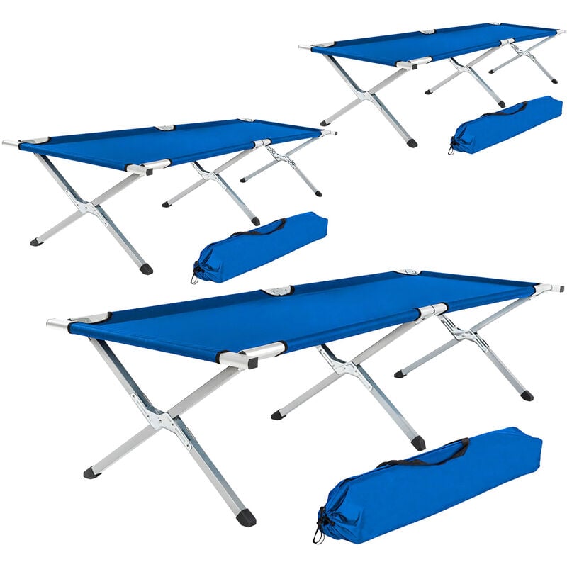 3 camping beds made of aluminium - folding camp bed, single camp bed, camping cot - blue