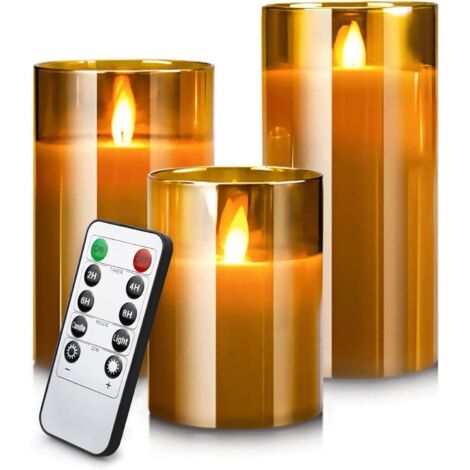 3 candele a LED senza fiamma, candele elettriche a colonna in vetro dorato, fiamma tremolante a LED, candele a batteria con telecomando e timer