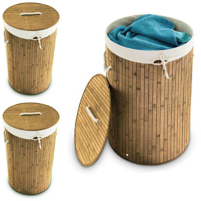 

3 Cestos Ropa Sucia con Tapa, Redondo, Cubo Colada, Canasta Plegable, Bambú, 70 L, Ø 41 cm, Marrón Natural