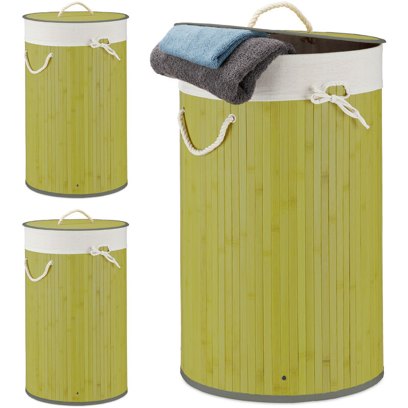 

3 Cestos Ropa Sucia con Tapa, Redondo, Cubo Colada, Canasta Plegable, Bambú, 70 L, Ø 41 cm, Verde