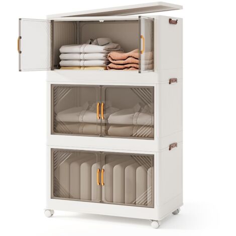 3 contenitori pieghevoli da 213 litri con coperchio, contenitori impilabili, contenitore a 3 ripiani con ruote e ante, 65 x 39 x 109 cm