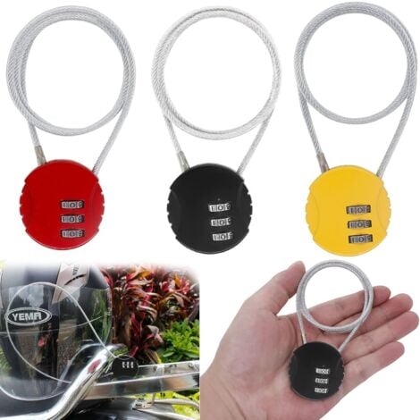 3-Digit Code Padlock, 3-Piece Helmet Anti-Theft Lock, Luggage Lock, Cable Code Padlock for All Luggage, Bicycle Portal, Shed, Helmet, Stroller, Motorcycle, Toolbox (Black, Red, Yellow)