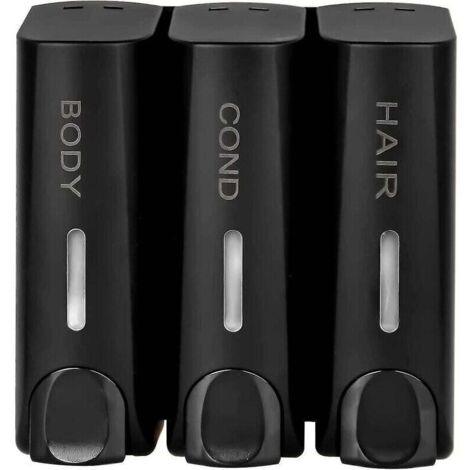 3 Distributeur de Savon Pour Gel Douche Shampoing Après-Shampooing Support Mural Noir Mat.