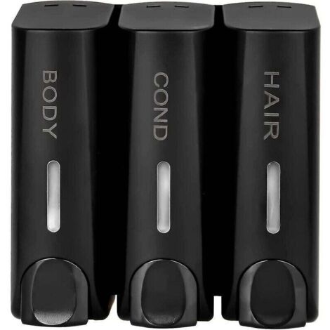 3 Distributeur de Savon Pour Gel Douche Shampoing Après-Shampooing Support Mural Noir Mat,