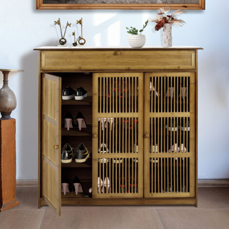 3 Door Bamboo Shoe Storage Cabinet Rack Stand Cupboard Slatted Doors, 1 Drawer