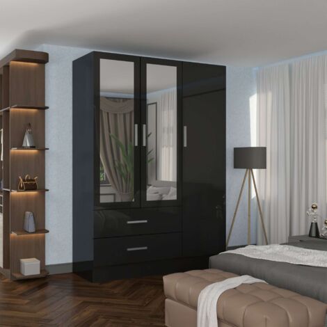 3 Door Modern High Gloss Wardrobe 116cm White, Black & Grey - Black116cm