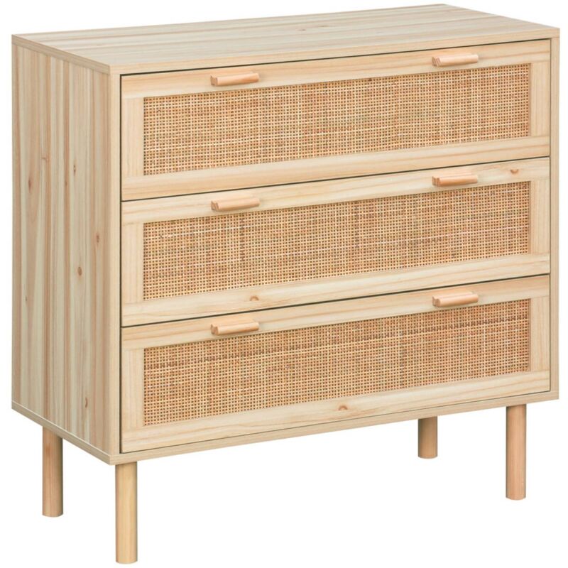 Sweeek - 3-drawer Chest With Cane And Wooden Effect, Camargue, Natural, 80x40x80 Cm