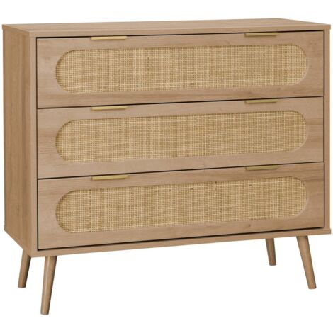 3-drawer chest with wood and rounded cane rattan Natural 90x39x79 cm - Eva