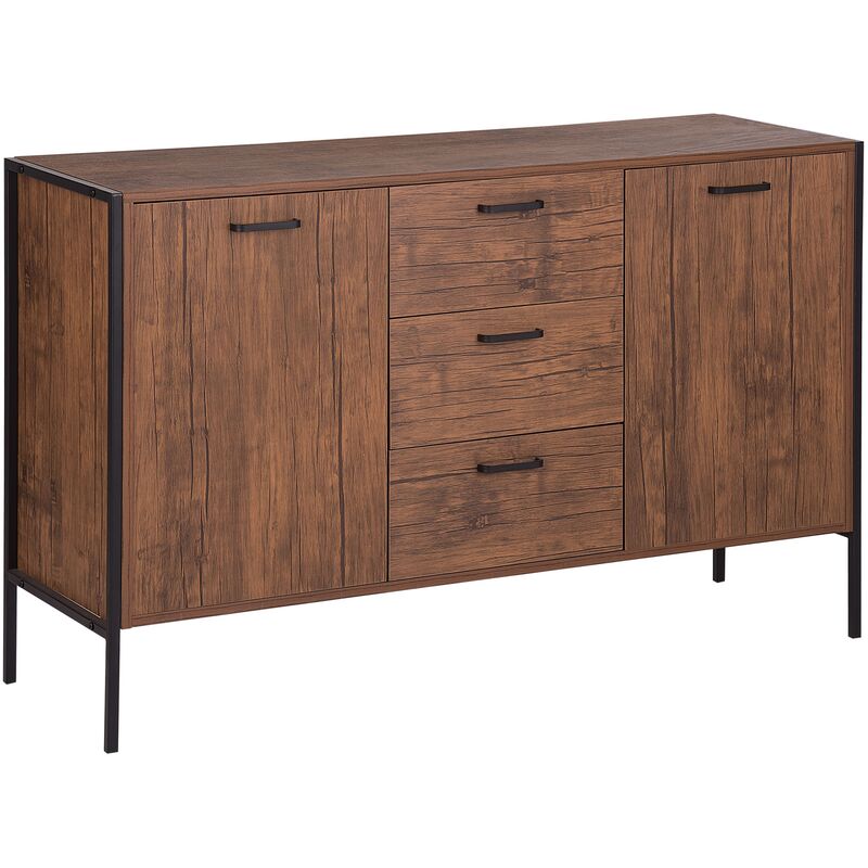 Industrial Cabinet with Drawers Wood Metal Black Base Dresser Storage Tifton - Dark Wood