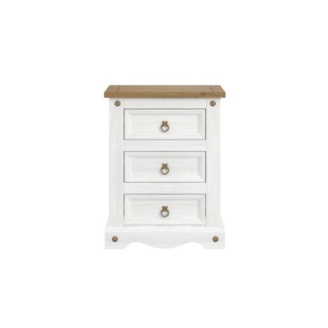 3 Drawers Bedside Cabinet Solid - Pine/Particle Board - 53 x 38 x 68.5 cm - White Wax/Antique Waxed Pine