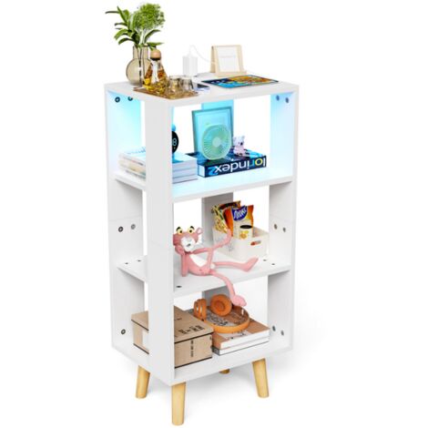 3-Ebenen Nachttisch mit EU-Adapter und 0,4 m Leuchtband für Schlafzimmer Wohnzimmer 40x30x87.5cm Weiß
