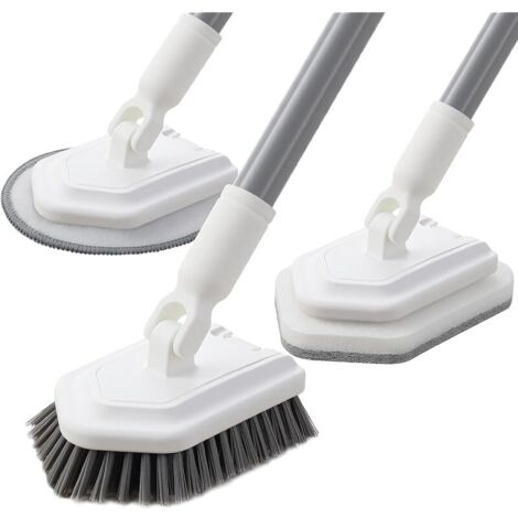 3 en 1 Brosse de Nettoyage de Baignoire avec Long Manche(135cm), Brosse Douche Nettoyage, Brosse Salle à Poils Rigides, Éponge à Récurer & Microfibres pour Salle de Bain, Baignoire, Sol