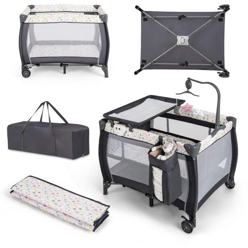 3 en 1 Lit Parapluie Bébé avec Matelas & Table à Langer Lit Bébé Evolutif avec Boîte à Musique & 3 Jouets Suspendus Charge 15kg pour 0-3 Ans