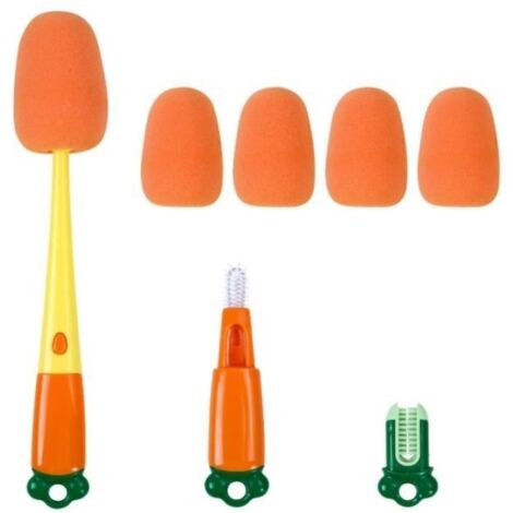 3 en 1 Nettoyage Biberon Brosse, Brosse à Bouteille, Brosse a Biberon avec 4 têtes d'éponge de Remplacement, sans Rayures, Orange