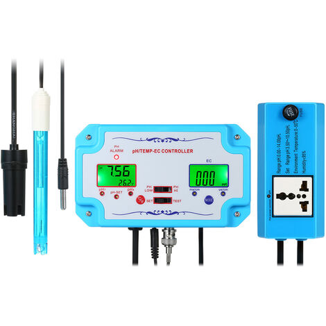 3 en 1 pH/EC/TEMP Detector de calidad del agua Controlador de pH profesional con enchufe de relé Electrodo reemplazable Sonda tipo BNC Probador de calidad del agua para acuario Monitor de tanque hidro
