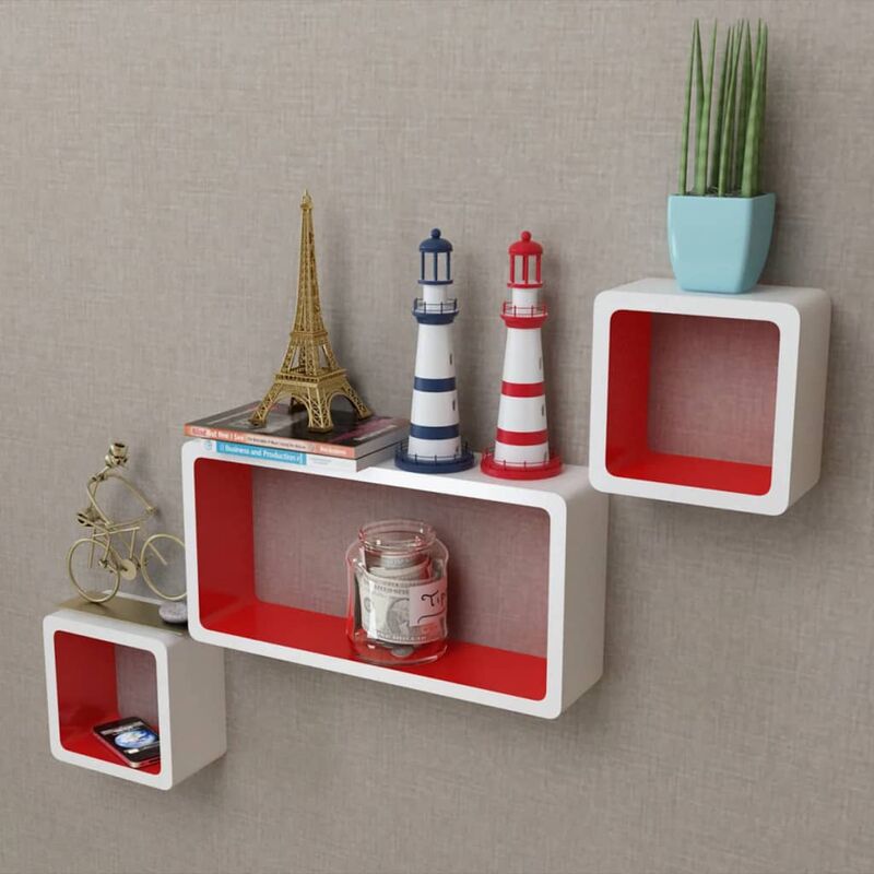 

3 estanterías cúbicas material MDF blanco/rojo suspendidas libros/DVD - Blanco