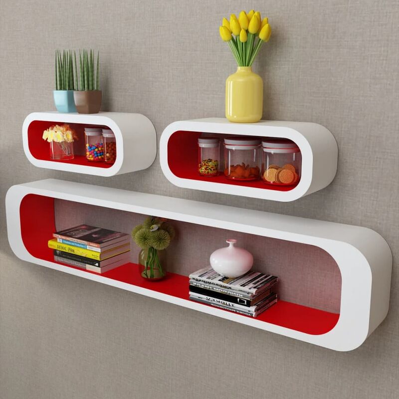 

3 estanterías cúbicas material MDF blanco/rojo suspendidas libros/DVD - Blanco
