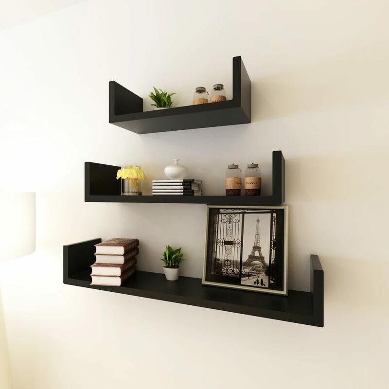 

3 estanterías negras en forma de 'U' MDF suspendidas para libros/DVD - Negro