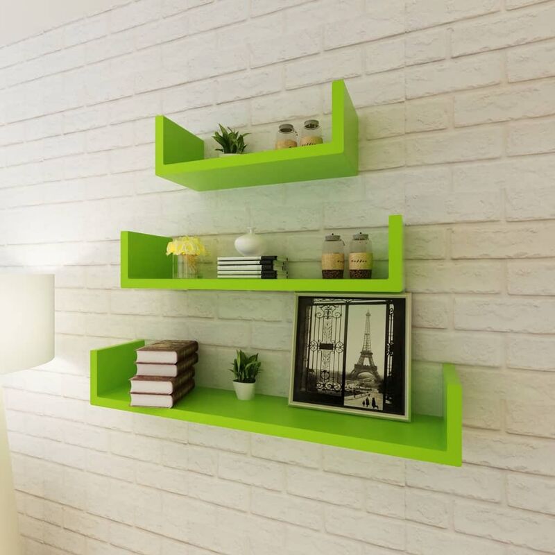 

3 estanterías verdes en forma de "U" MDF suspendidas para libros/DVD - Verde