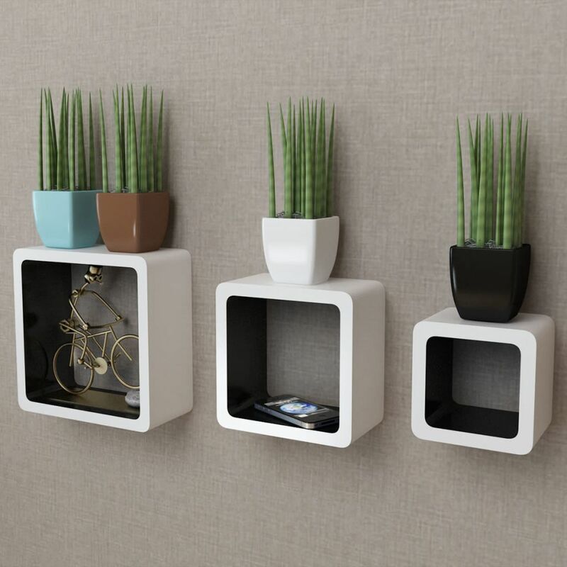 

3 estanterías cúbicas material MDF blanco/negro suspendidas libros/DVD