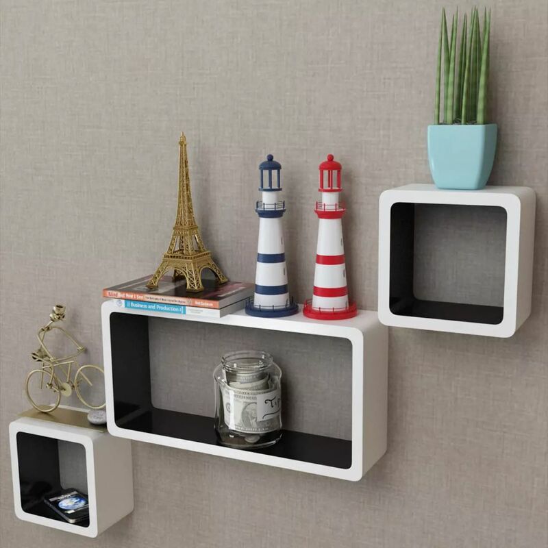 

3 estanterías cúbicas material MDF blanco/negro suspendidas libros/DVD