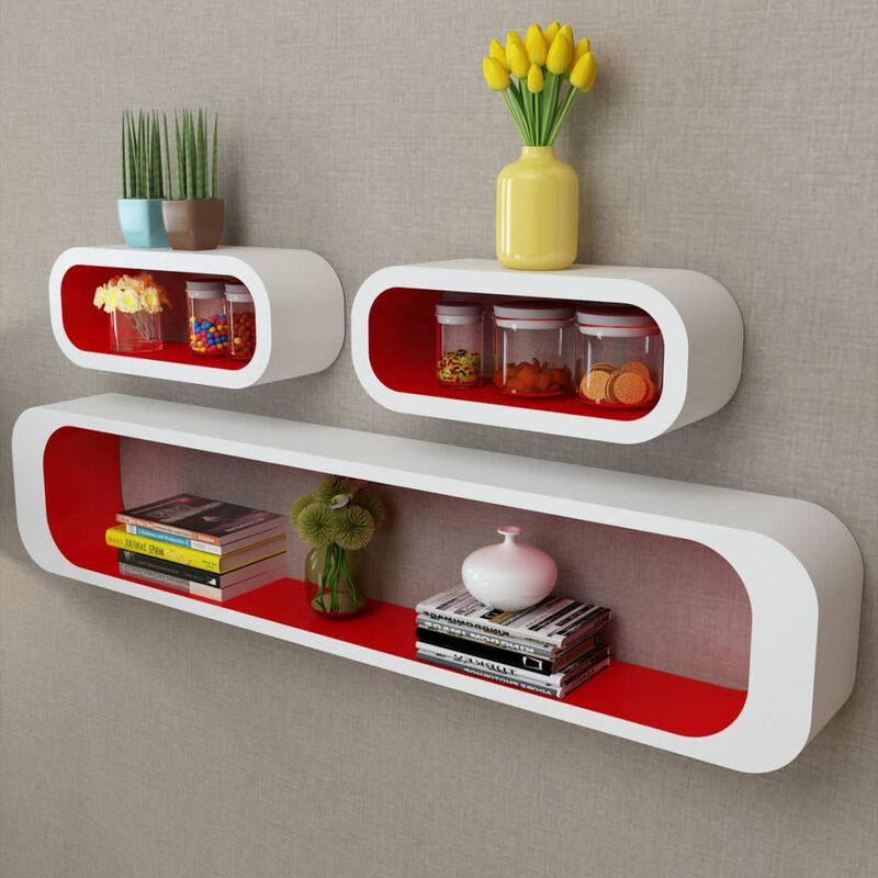 

3 estanterias cubicas material MDF blanco/rojo suspendidas libros/DVD