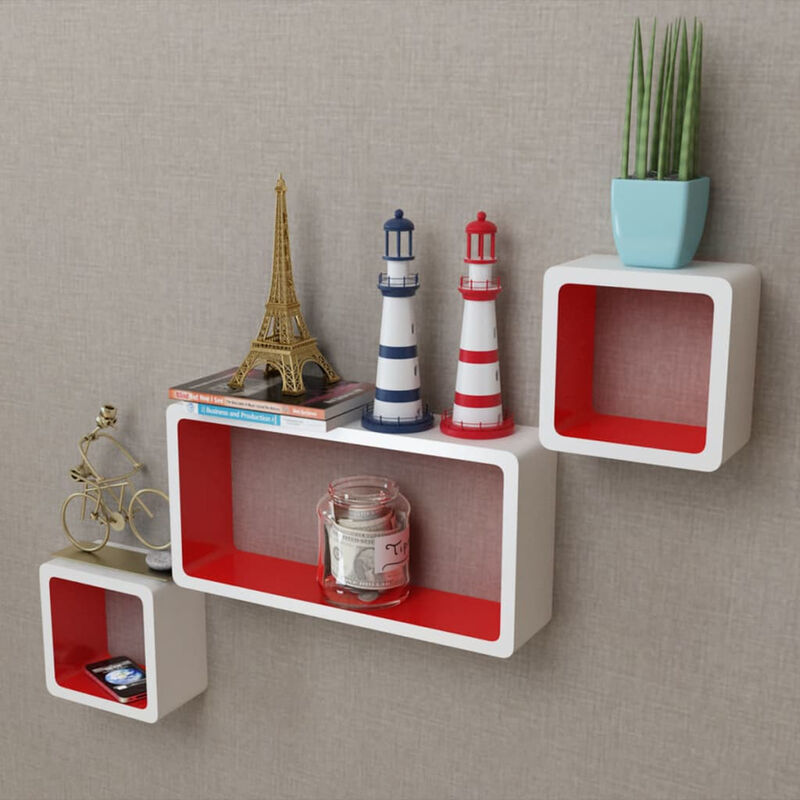 

3 estanterias cubicas material MDF blanco/rojo suspendidas libros/DVD
