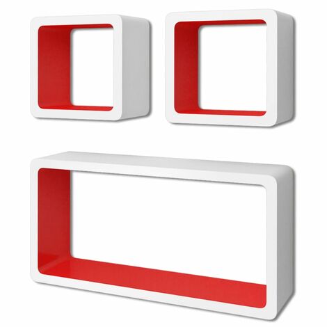 3 estanterías cúbicas material MDF blanco/rojo suspendidas libros/DVD