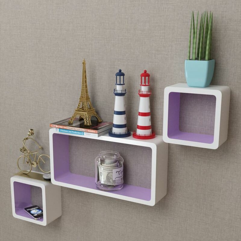 

3 estanterías cúbicas MDF blanco/morado suspendidas para libros/DVD