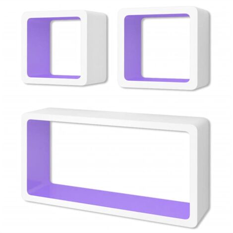 3 estanterías cúbicas MDF blanco/morado suspendidas para libros/DVD