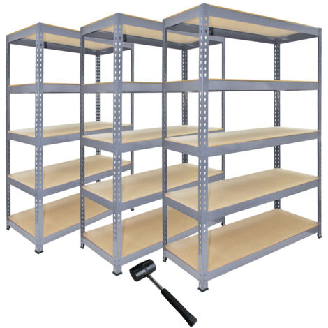 3 Estanterías Metálicas Grises Q-Rax Sin Tornillos 120x50x180cm de 5 Estantes Baldas Repisas Capacidad Peso 200kg por Estante Almacenamiento Almacenaje Herramientas Taller Garaje Cobertizo Almacén
