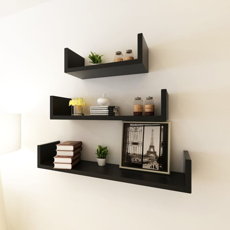

3 estanterias negras en forma de 'U' MDF suspendidas para libros/DVD