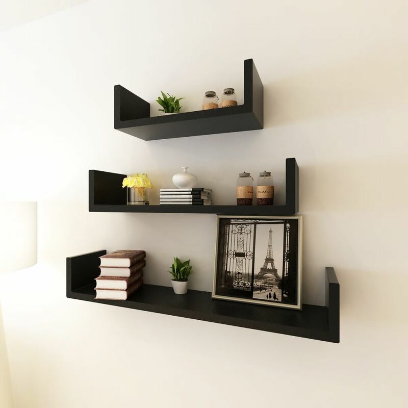 

3 estanterías negras en forma de 'U' MDF suspendidas para libros/DVD