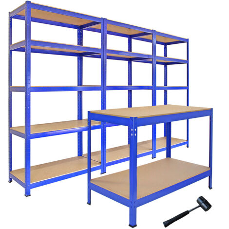 3 Estanterías T-Rax Azules 90x45x180cm + 1 Mesa de Trabajo Azul Q-Rax 120x60x90cm Sin Tornillos Estación Banco de Trabajo Almacenamiento Herramientas Taller Garaje Estanteria Metalica Industrial Acero