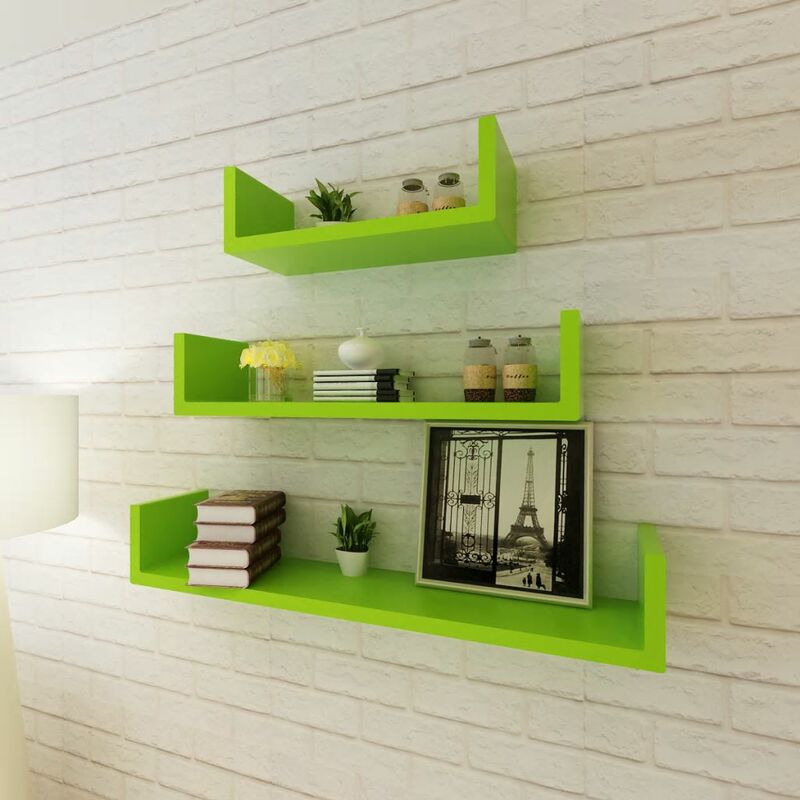 

3 estanterías verdes en forma de 'U' MDF suspendidas para libros/DVD